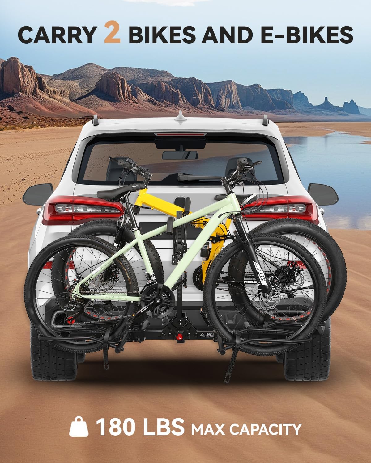 Bike Rack Hitch with Lock, 2 Bike Rack for Car SUV RV Camper Truck Trailer, Hitch Bike Rack for Fat Tire, Mountain Bikes, EBikes and EMTB, 180 lbs Capacity Bike Carrier for 2" Receiver