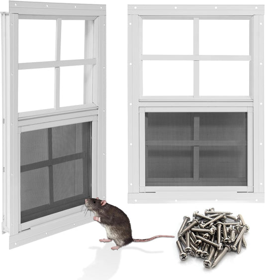 NeatiEase Upgraded Shed Windows 2 Pack, 14" x 21" Windows with Tempered Glass and Stainless Steel Screen for Shed, Chicken Coop, Playhouse, Household, Garage(White)