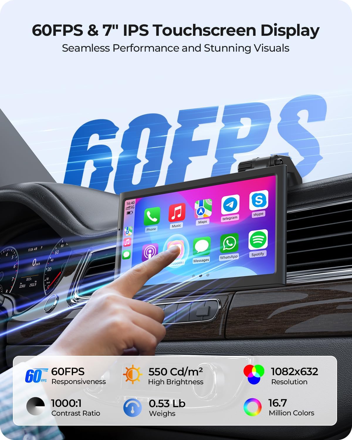 7" Wireless Portable 60FPS Car Play Screen for Apple CarPlay & Android Auto, Portrait and Landscape Modes, Mirror Link, Bluetooth, Voice Control, GPS Navigation