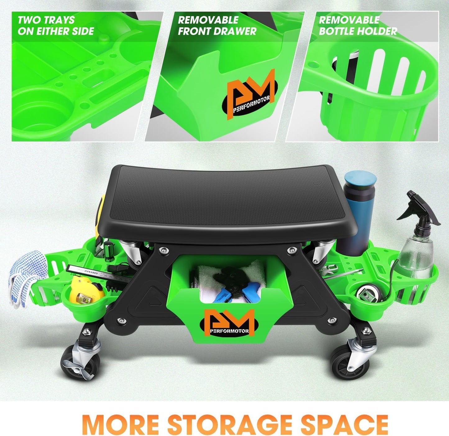 PM PERFORMOTOR Mechanic Stool - 25-1/2" x 13" x 12" (L x H x W), Rolling Work Seat w/Lockable Swivel Wheels and Storage Tool Tray, Green,PM-TOL-CRS-GR