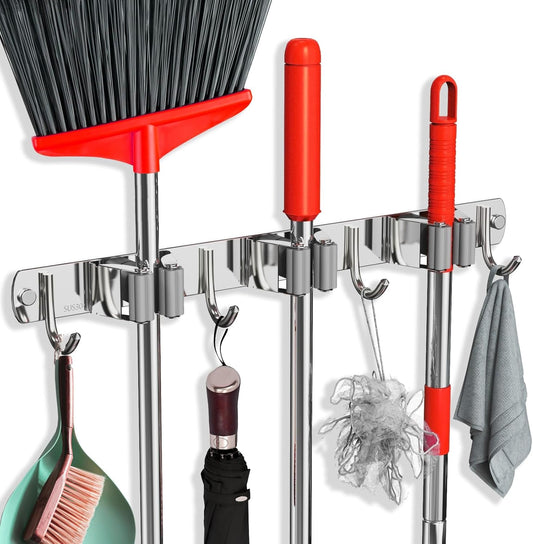 Mop and Broom Holder Wall Mount, Upgraded Broom Hanger Wall Mount, Stainless Steel Broom Organizer for Closet Garage Laundry Room Kitchen Wall Decor(3Racks 4Hooks Silver)