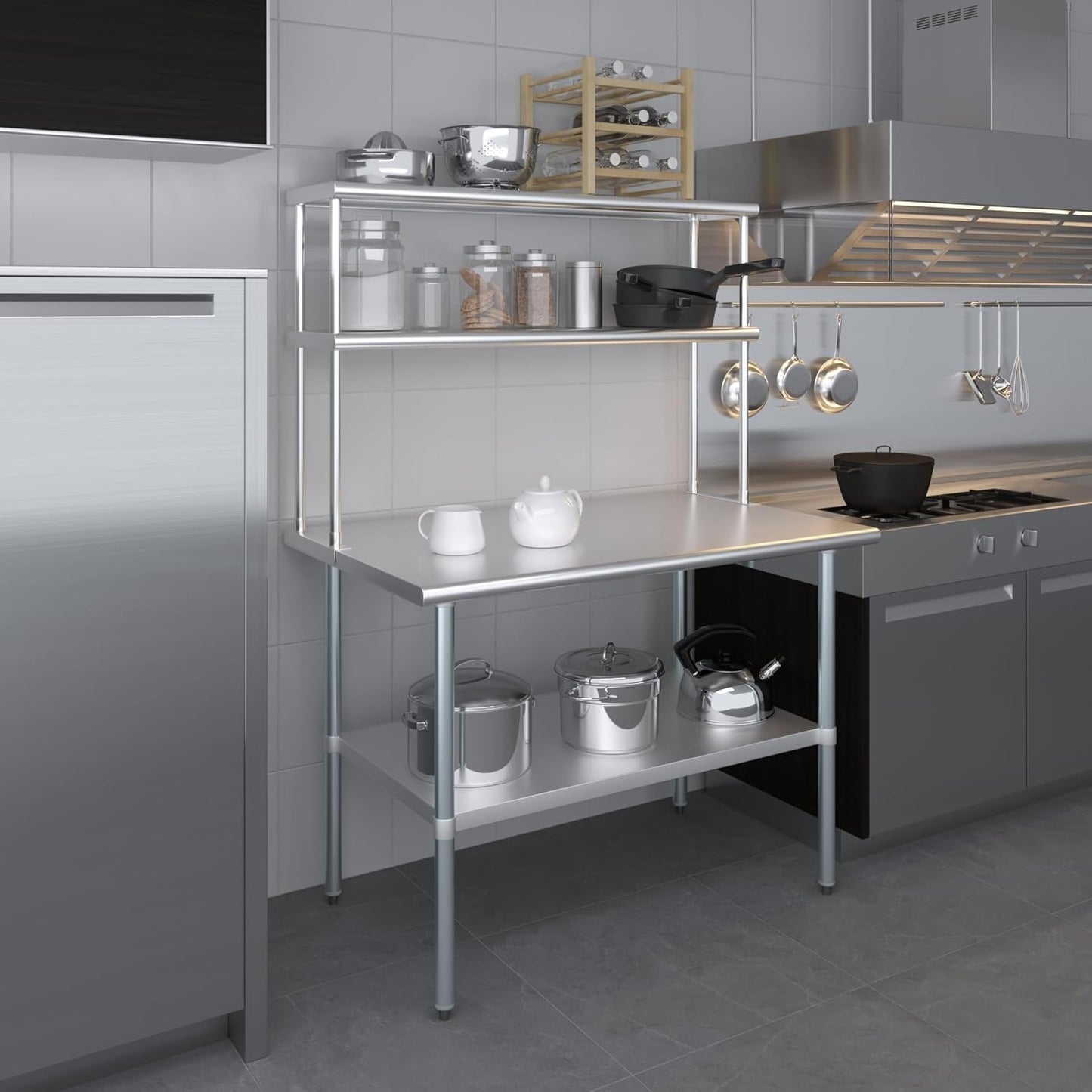 Amgood Stainless Steel Work Table Double Tier Overshelf | Metal Kitchen Prep Table & Shelving Combo (30" x 48" Work Table + 12" Overshelf)