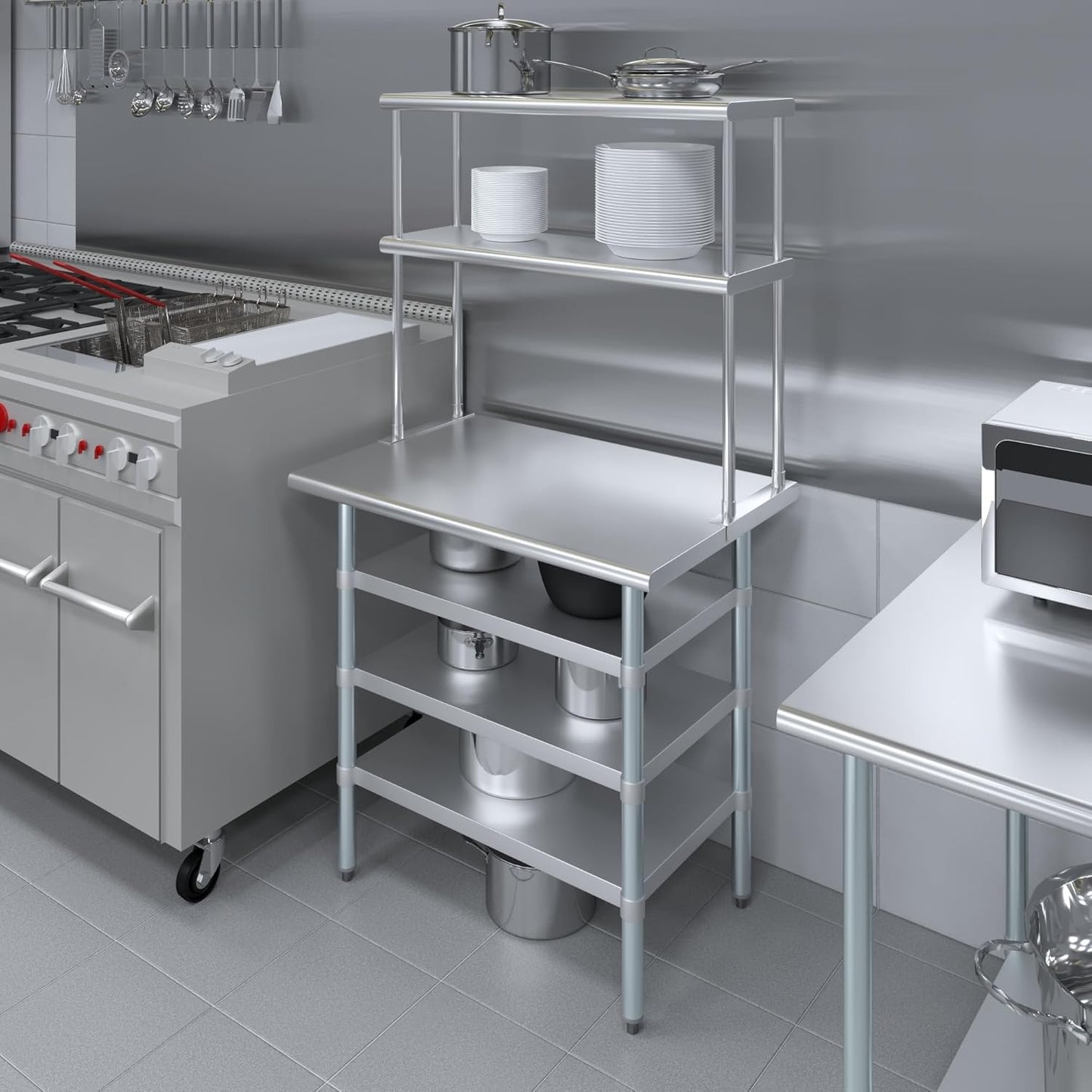 Amgood 24" x 36" Stainless Steel Work Table with 3 Shelves and 12" Wide Double Tier Overshelf | Metal Kitchen Prep Table & Shelving Combo | NSF