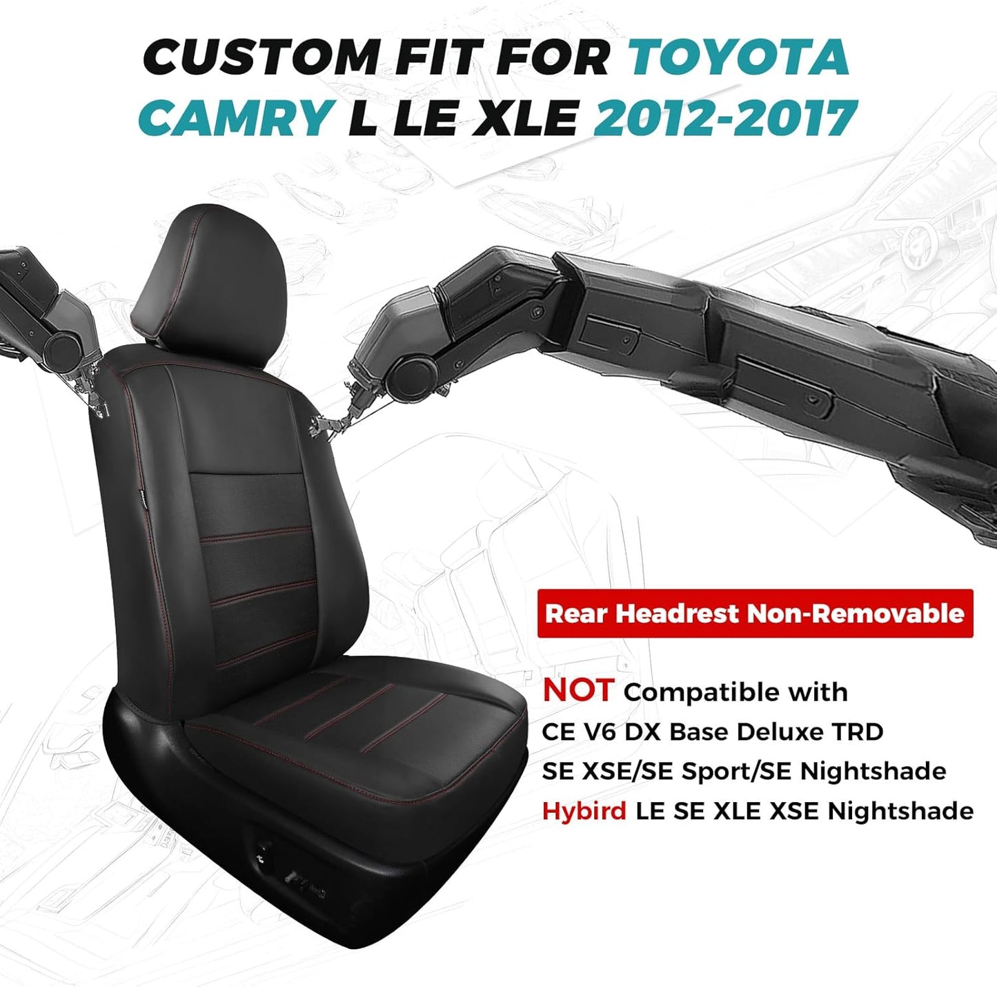 for Toyota Camry Seat Covers L LE XLE 2012 2013 2014 2015 2016 2017 - Custom Fit Car Seat Covers Full Set, Waterproof Breathable Luxury Leather Seat Covers for Cars, Black Red Not for Hybrid