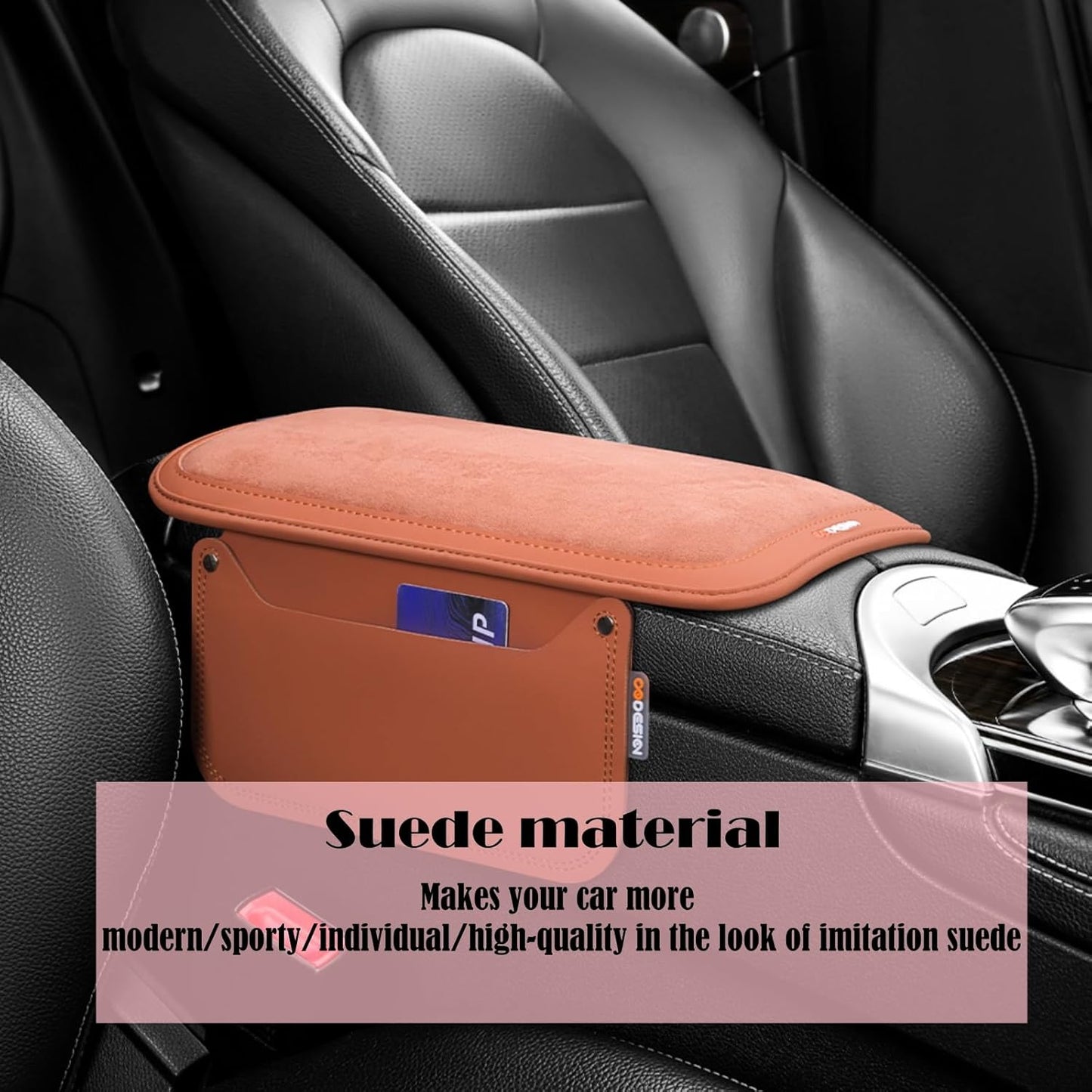 Arm Rest Cover for Car with 2 Storage Bags, Central Console Cover Armrest Pad, Suede Leather, Auto Interior Accessories for Most Vehicles, All-Season Comfort, Orange