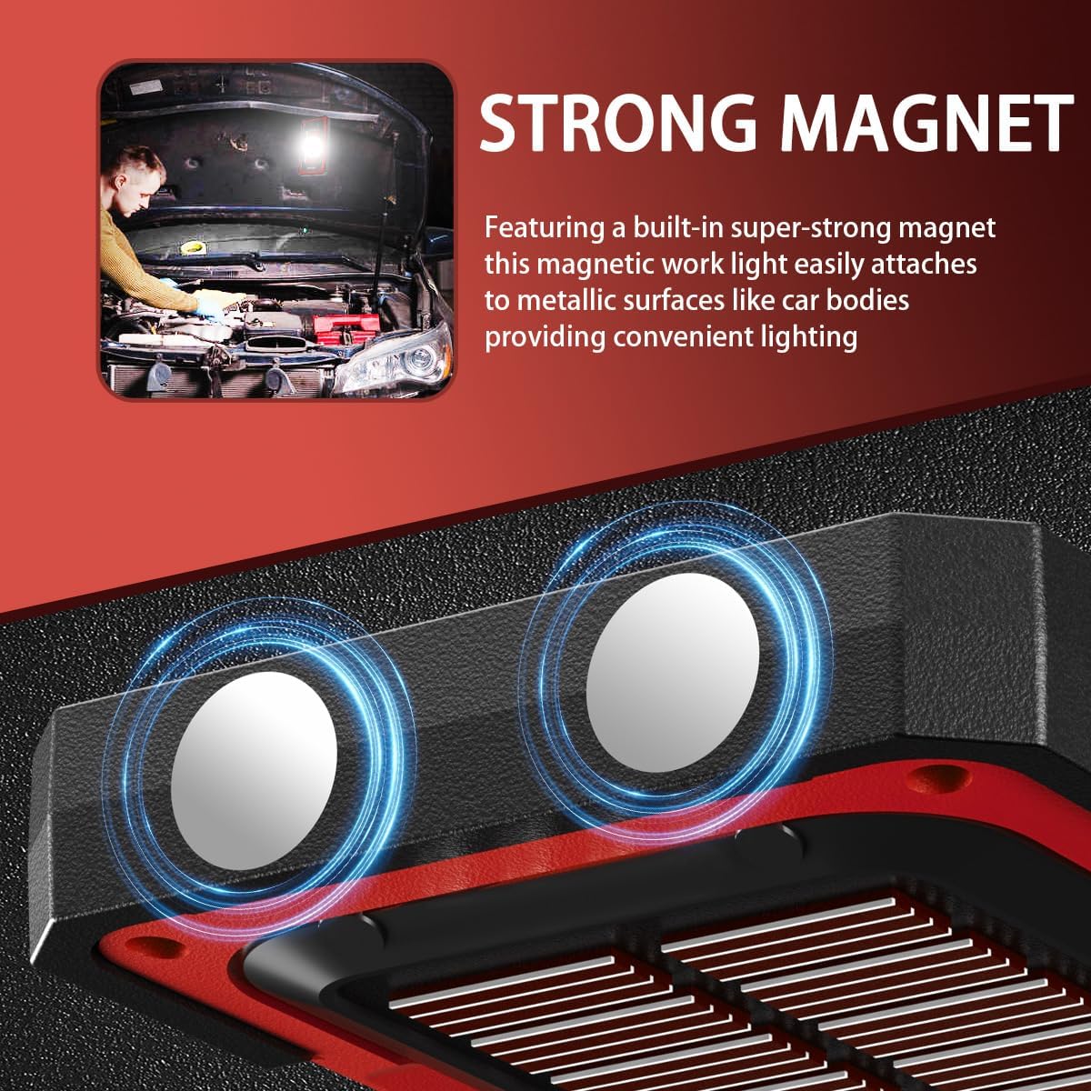 WARSUN Rechargeable Portable Magnetic Work Light, LED Flood Light Waterproof for Outdoor Camping Hiking Emergency Car Repairing (USB + Solar Charging, Red)