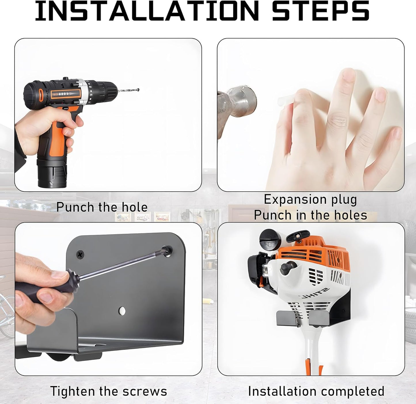 Weedeater Hanger, 3 Pack Weed Eater Hanger for Garage Wall-mounted Organizer Trimmer Rack Storage for Grass Trimmer, Hedge Trimmer, Garage Wall, Garden Tools, Black