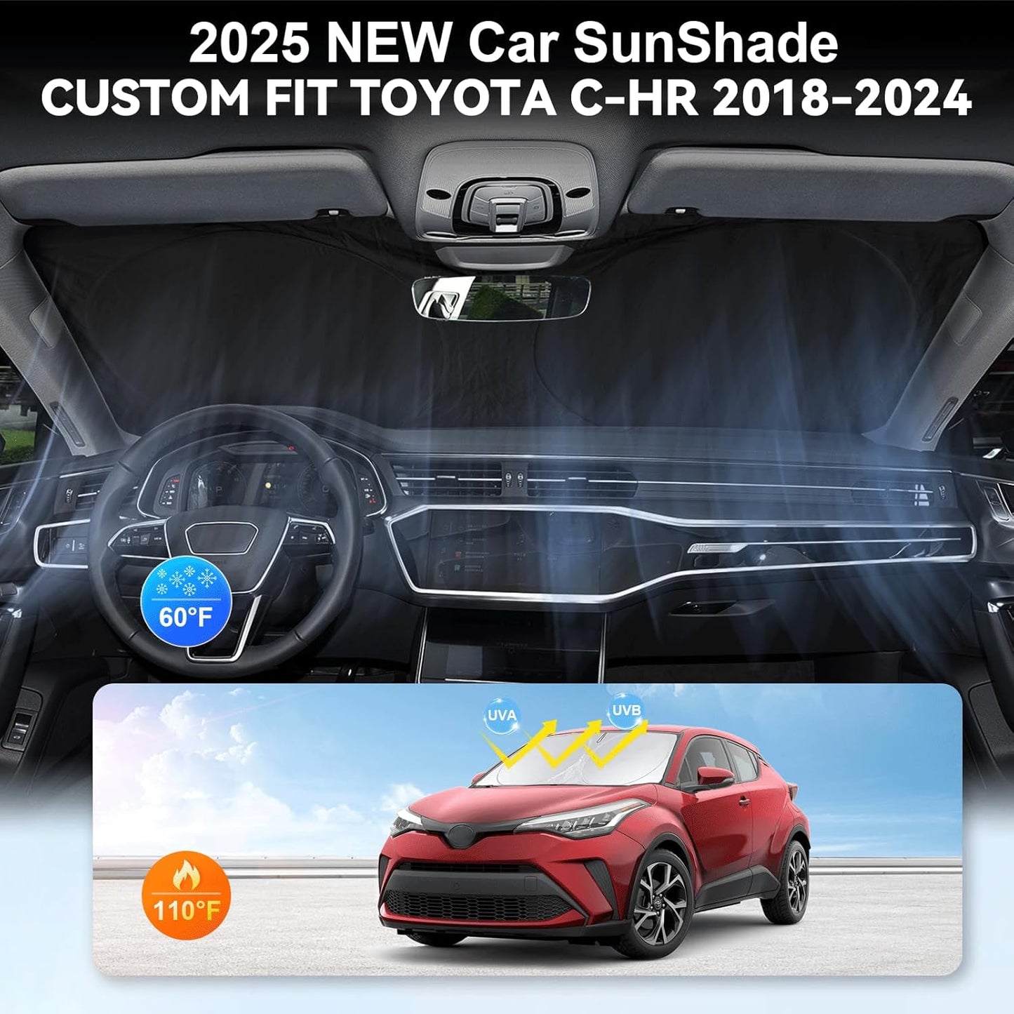 Custom Fit CHR Windshield Sunshade for 2018 2019 2020 2021 Toyota CH-R C-HR CHR, XLE Premium Car Accessories Front Window Reflective Shield Cover for Windshield Sun Visor Protector Block UV Rays