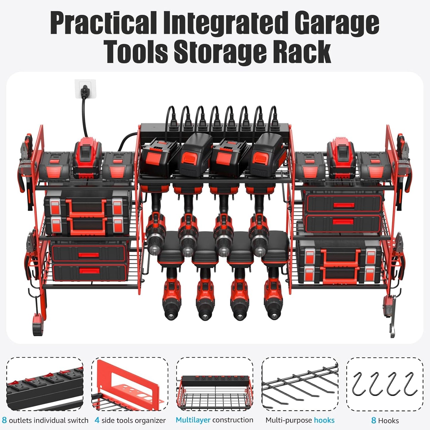 CCCEI Red Power Tool Organizer Wall Mount, Large Tools and Battery Storage Rack Charging Station Individual Switches. Drills Holder, Garage Utility Shelves with 6FT Power Strip. Gift for Men.