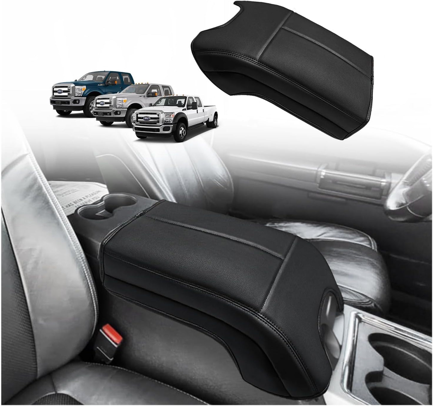 Muslogy Center Console Armrest Cover Compatible with Ford F250 F350 F450 2011-2016 Super Duty Comfort Armrest Pad Arm Rest Cushion Vegan Leather Protector Regular Thick(Bucket Seat ONLY)