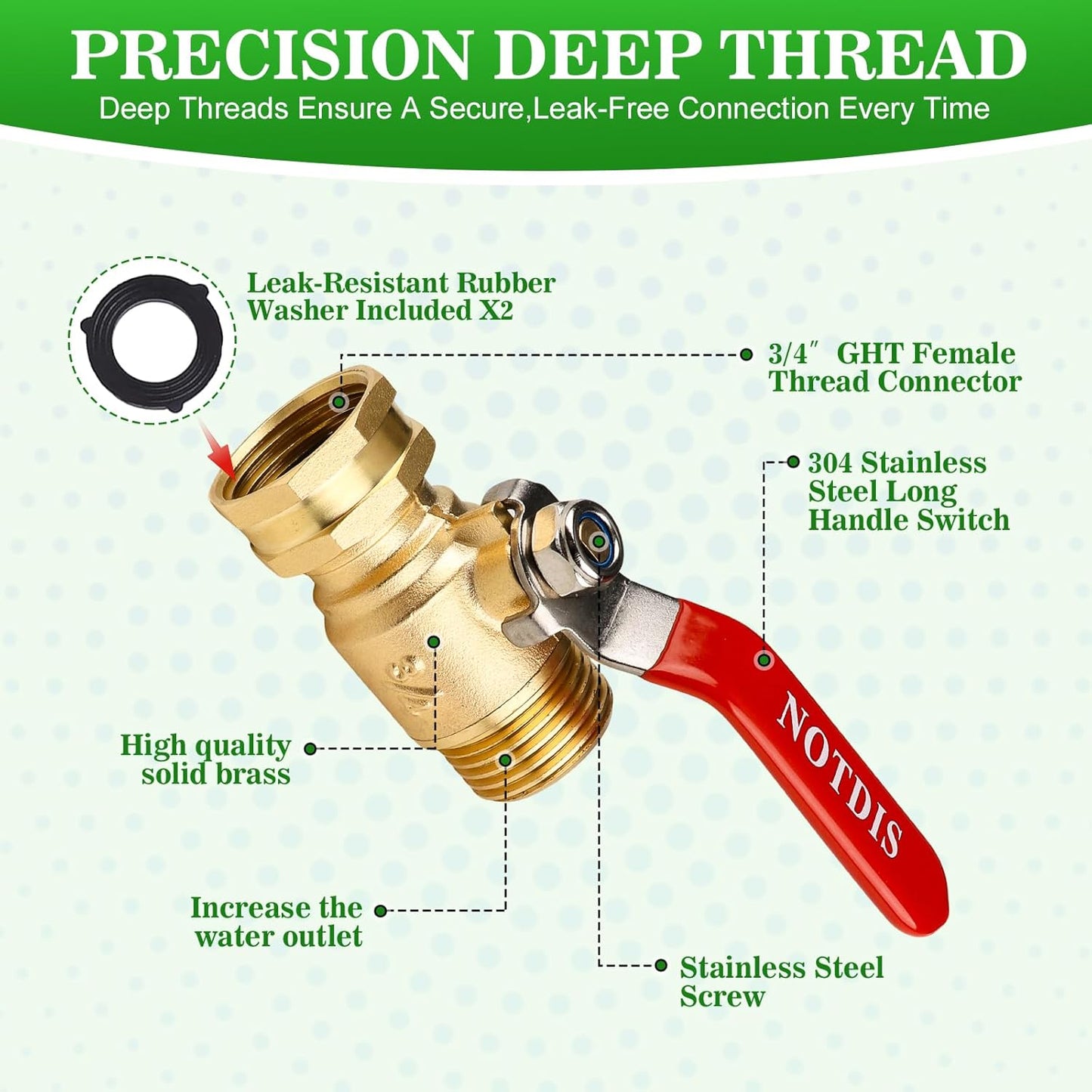Brass Garden Hose Shut Off Valve with Full-Flow Design - Heavy Duty 3/4" GHT Connector, 304 Stainless Steel Handle (Corrosion-Resistant)