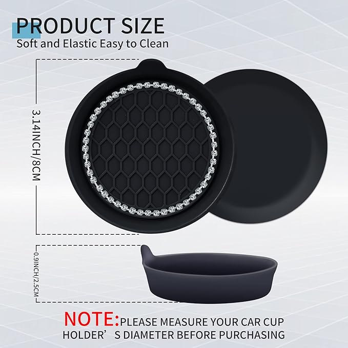 Amooca Car Cup Coaster Universal Non-Slip Cup Holders Bling Crystal Rhinestone Car Interior Accessories 4 Pack Black