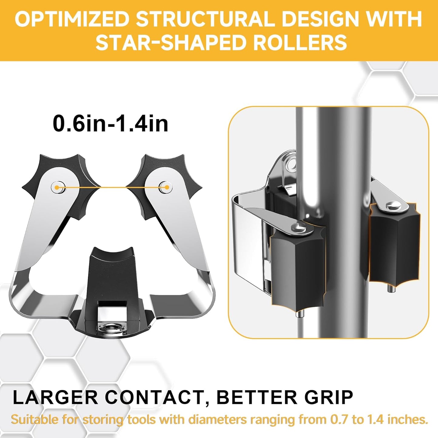 Broom Holder Wall Mount – 6 Pack Broom Rack with Star Shaped Rubber Rollers & Nickel Plated Brackets for Strong Grip and Long Life – Ideal for Garden Tools Organization