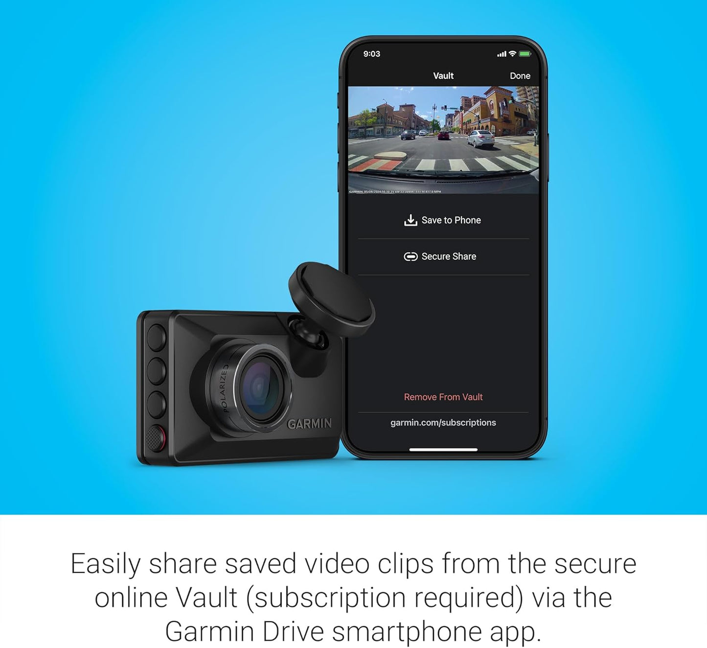 Garmin Dash Cam™ X210, Compact 1440p HD Dash Cam with a 140-degree Field of View, Built in Clarity™ Polarizer, Voice Controlled, GPS, 2.4” Display, Automatic Recording
