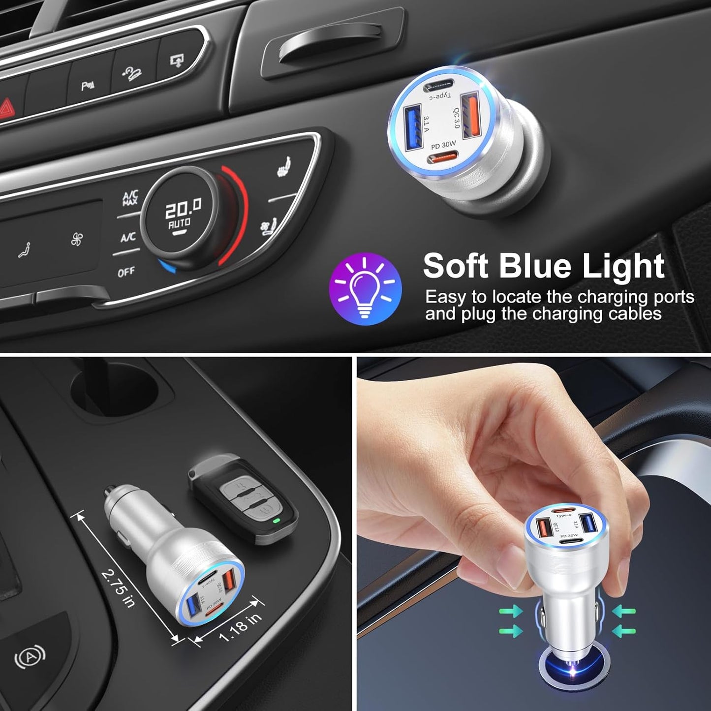 USB C Car Charger, Bangfun 65W 4 Port Dual 12V USB C & USB A Car Cigarette Lighter Adapter QC/PD 30W Fast Charge Car Phone Charger for iPhone 16 15 14 13 12 iPad Pro,Samsung,Pixel(Silver)