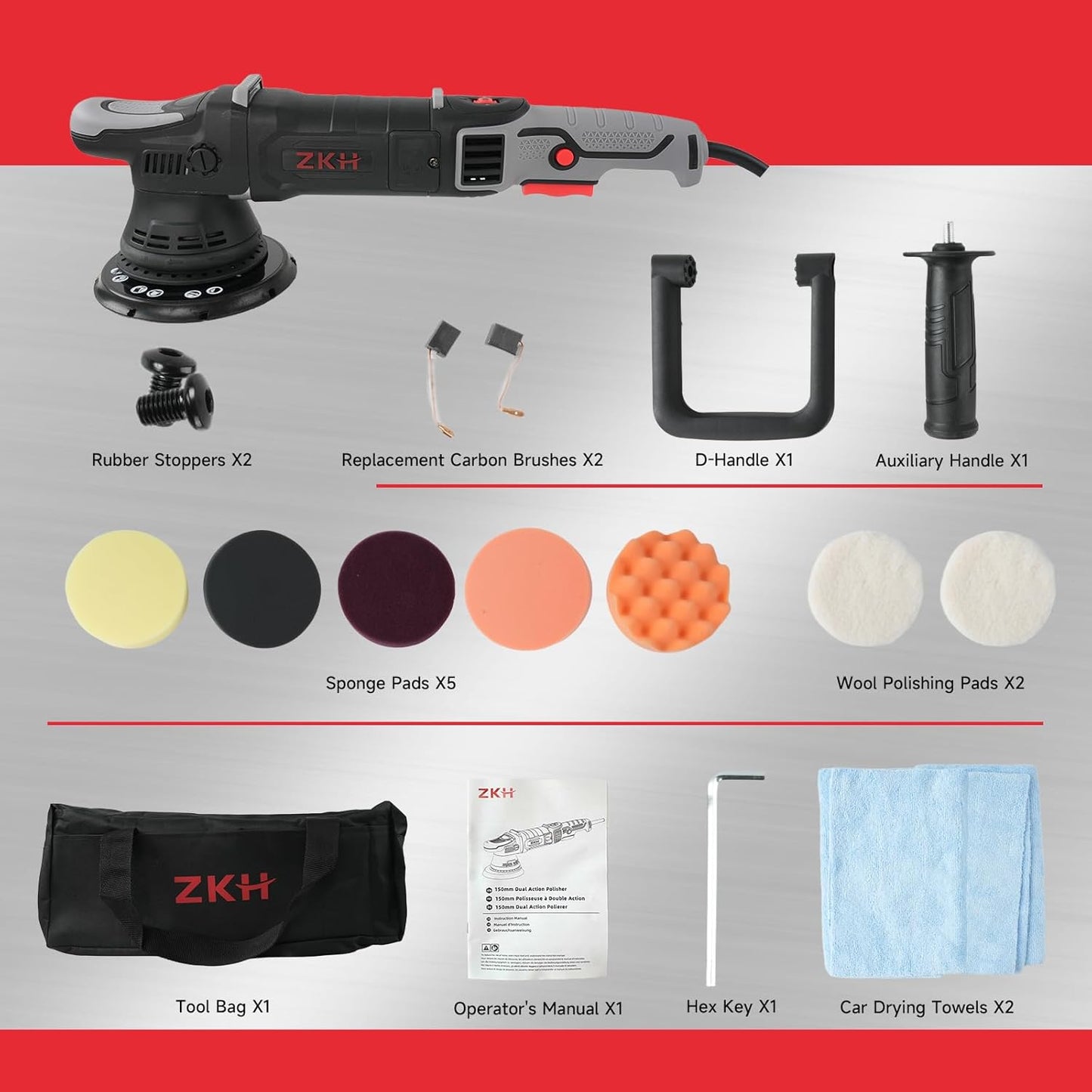 ZKH Buffer Polisher, 6 Inch Car Buffers and Polishers Kit, 21mm Orbit Dual Action Polisher with 1000W Powerful Motor, 4800OPM Buffer Polisher for Car Detailing and Waxing