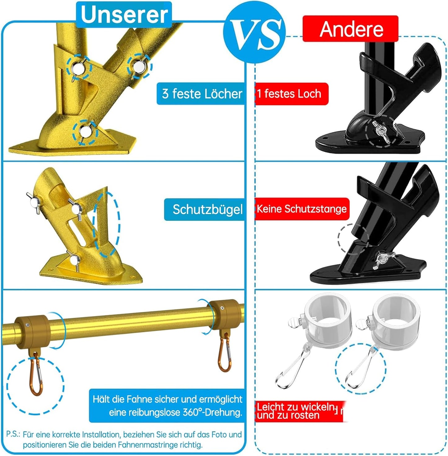 ZMTECH Flag Pole - Upgraded Bracket, 6 FT Stainless Steel Flag Poles for Outside House, Residential or Commerical, Tangle Free Flag Pole Kit for American Flag (Without Flag, Gold)