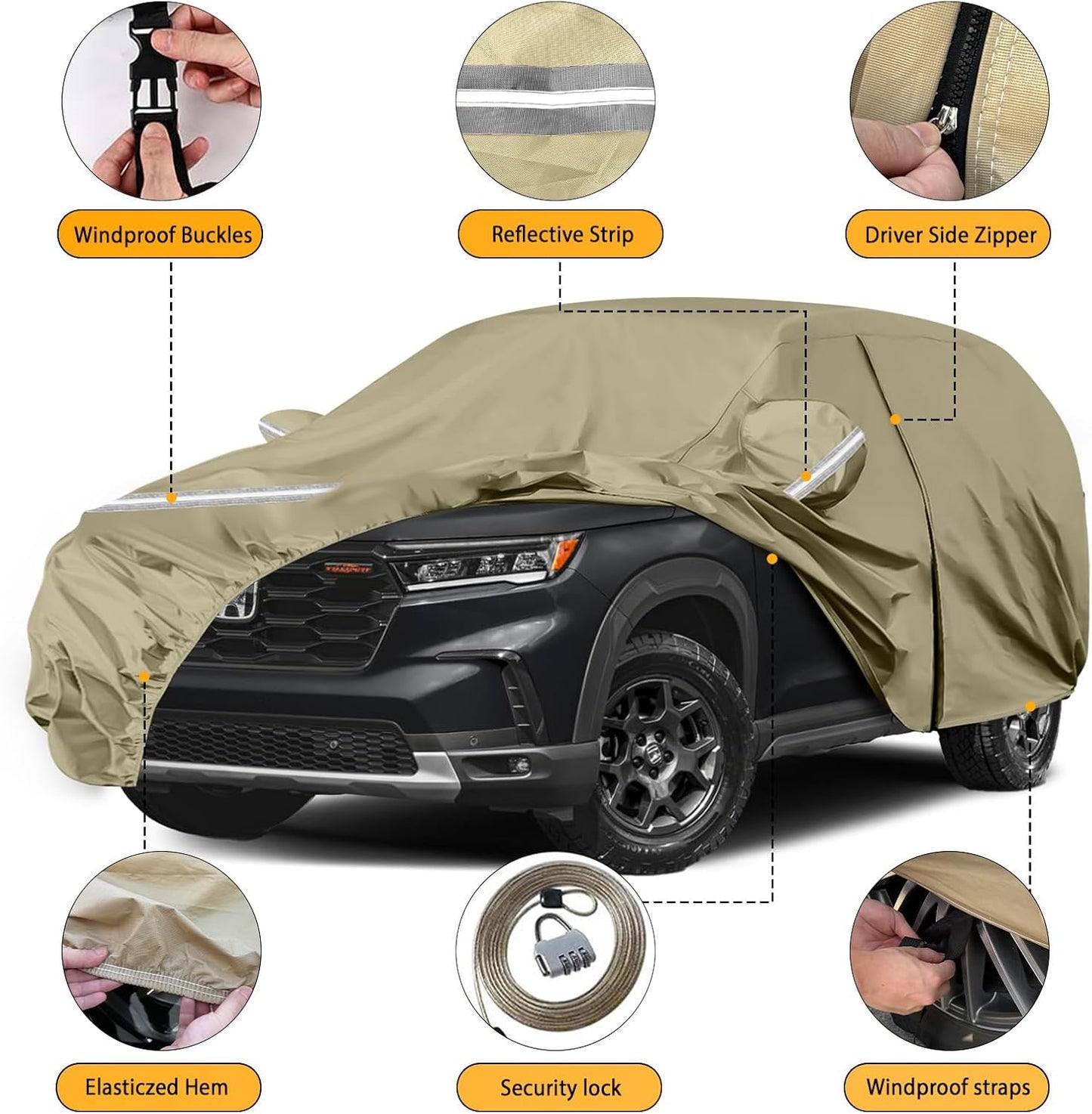 Waterproof Car Covers Replace for 2002-2025 Honda Pilot, Multilayer Heavy Duty with Cotton Liner All Weather Custom-fit Car Cover with Zipper Door, Windproof Bands for Snow Rain Dust Protection