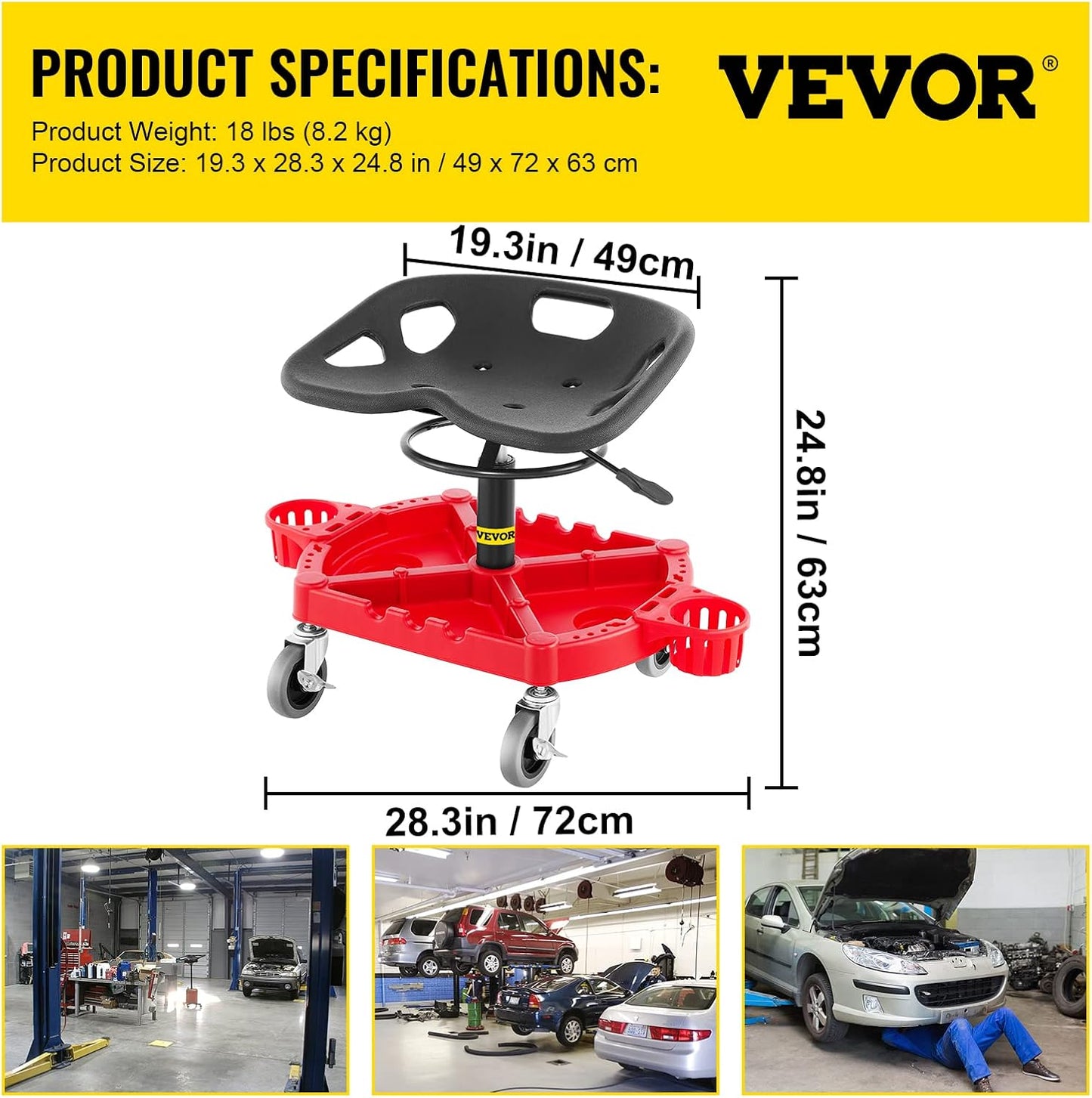 VEVOR Rolling Garage Stool, 300LBS Capacity, Adjustable Height from 18 in to 23 in, 360-degree Swivel Wheels (4"), Large Tool Tray with Two Bottle Holder, for Workshop, Auto Repair Shop, Red