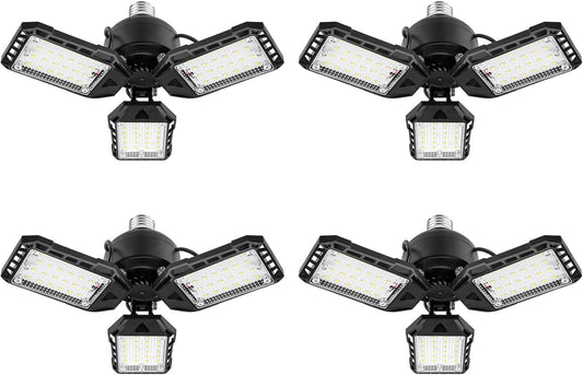 LED Garage Lights Bulb 4 Pack -80W, 8000LM 6500K Led Shop Light with 3 Deformable Panels, Basement Barn Light Garage Ceiling Lights, E26/E27 for Garage, Warehouse, Shop, Basement