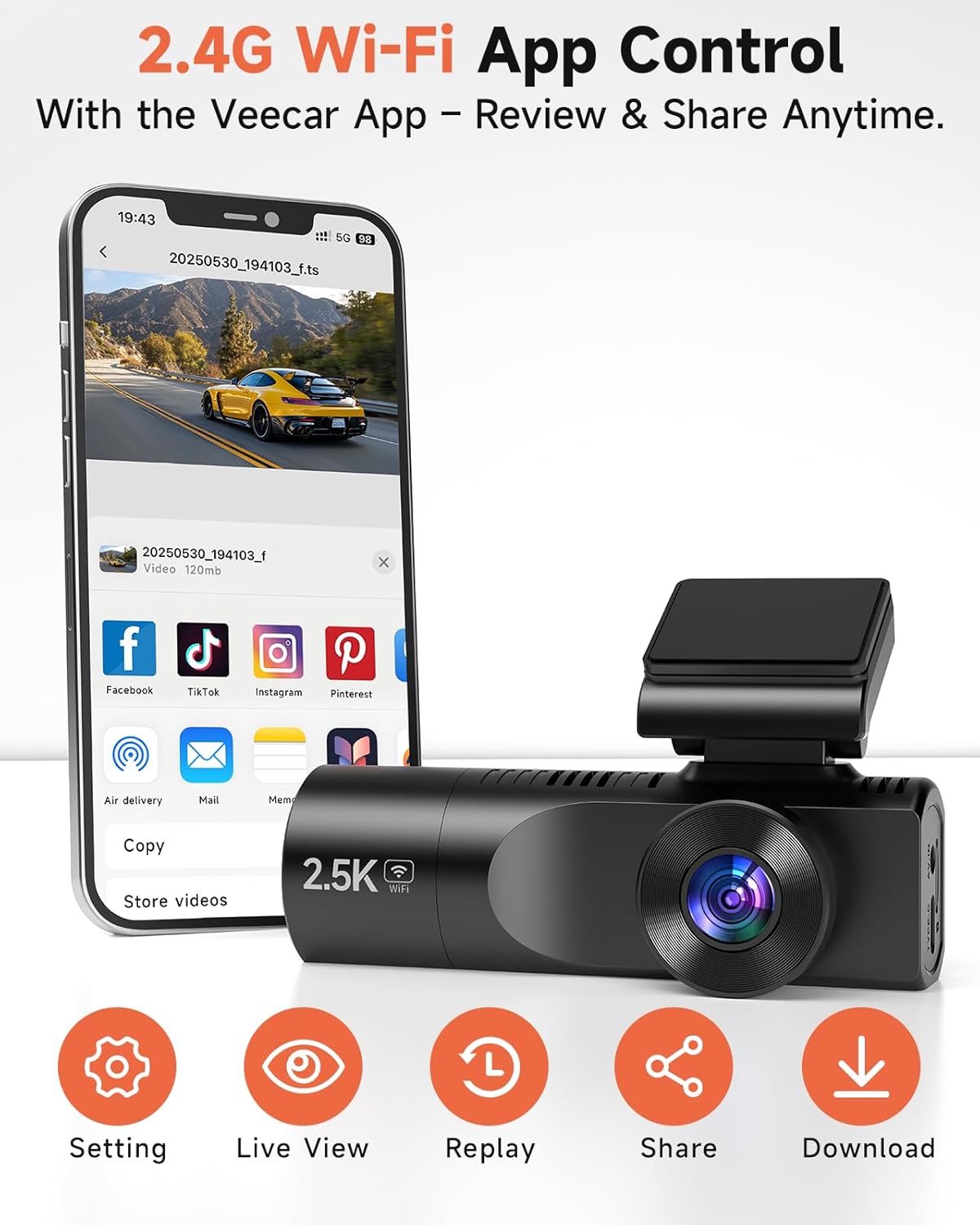 3 Channel Dash Cam, Dash Camera 2.5K Front and Dual 1080P Inside/Rear with 64GB Card, Wi-Fi Dash Cam Front and Rear, Night Vision, G-Sensor, 24H Parking, Loop Recording, 1.97”IPS, Support 256GB