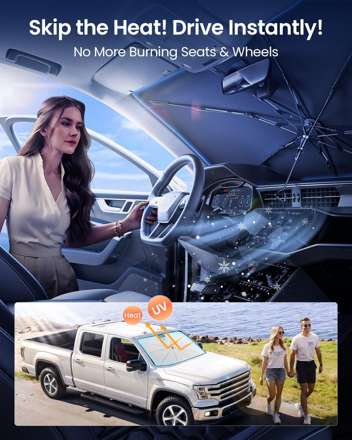 REEVAA 2025 Upgraded Truck Windshield Sun Shade Umbrella [100% Sun Protection & Keep Cool] Protect Interior, 360° Flex Handle Sun Shield Sunshade, Large (61''x35'') for Truck/Full-Size SUV Car