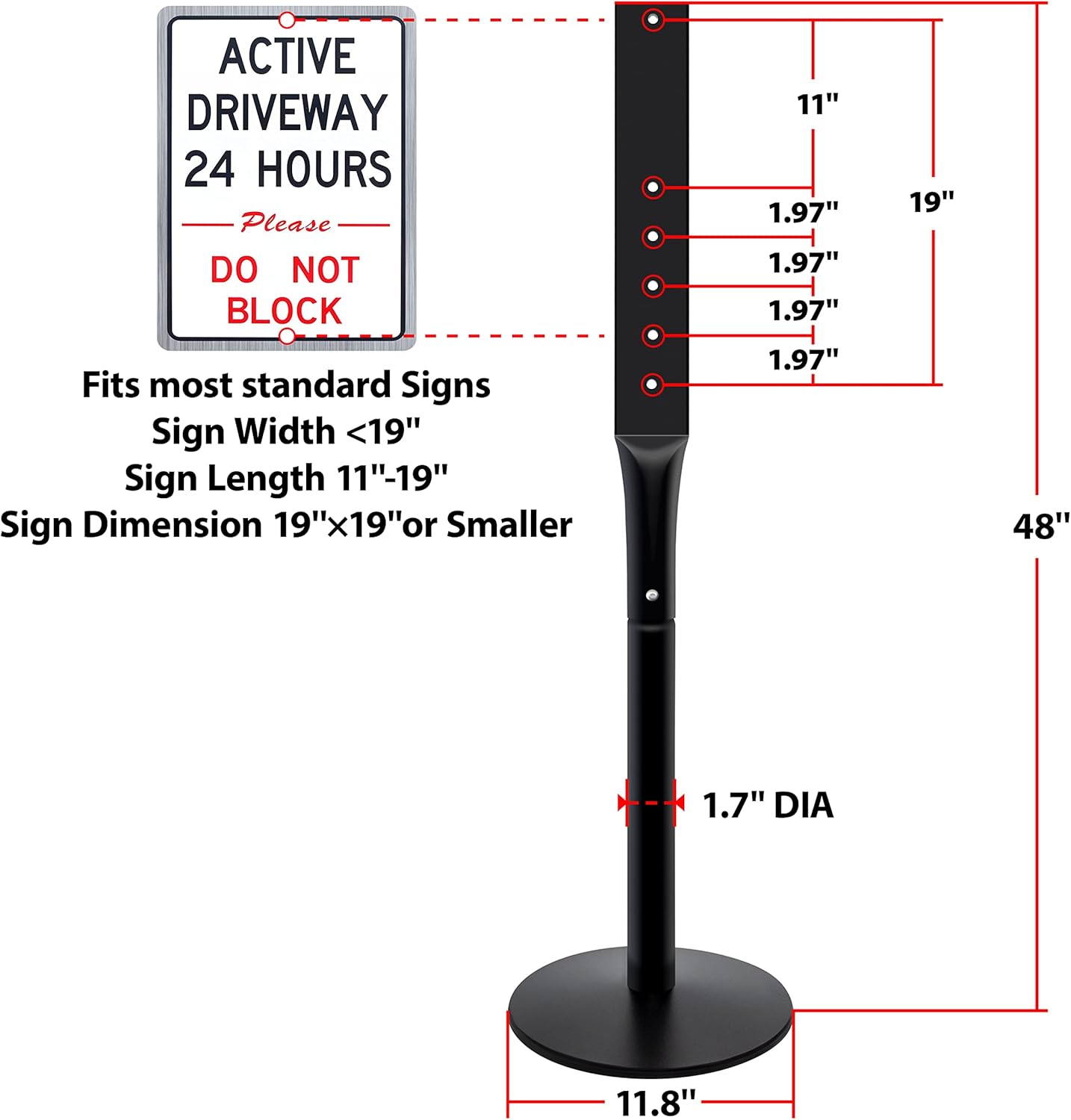 Heavy Duty Parking Sign Base Cast Iron 48" Parking Sign Post, Heavy Duty Cast Iron Sign Holder Base, Movable Sign Stand Suitable for Hanging Warning, Notice, Guiding Sign Display Stand (Black)