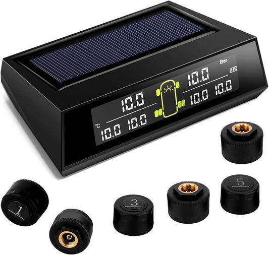 RV TPMS Tire Pressure Monitoring System, TS200 Solar Wireless TPMS with 6 Tire External Sensors Digital LCD Display RV Auto Security Alarm for Car RV Trailer Truck Tow Motorhome