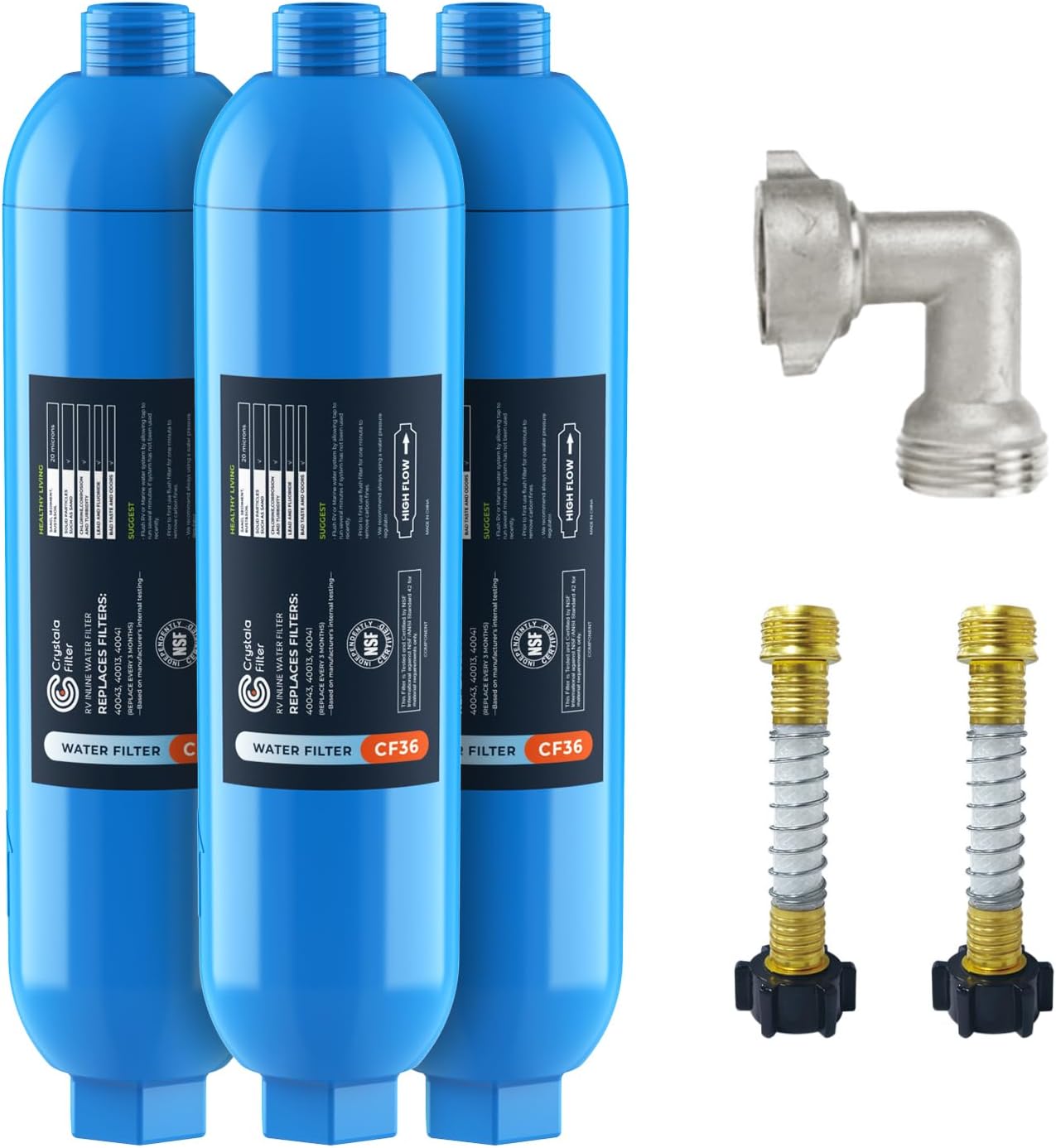 CRYSTALA RV/Camper Water Filter, Inline Water Filter Effectively Reduces Bad Taste, Odors, Chlorine and Sediment for RVs and Marines, 3 Pack Filter with 2 Flexible Hose Protector