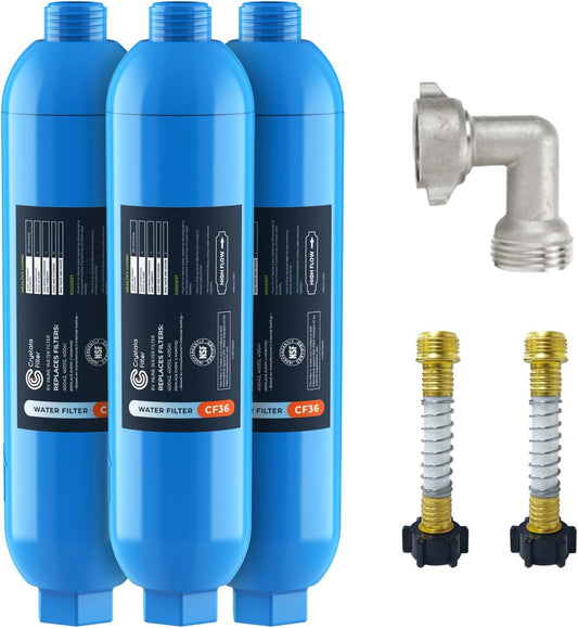 CRYSTALA RV/Camper Water Filter, Inline Water Filter Effectively Reduces Bad Taste, Odors, Chlorine and Sediment for RVs and Marines, 3 Pack Filter with 2 Flexible Hose Protector