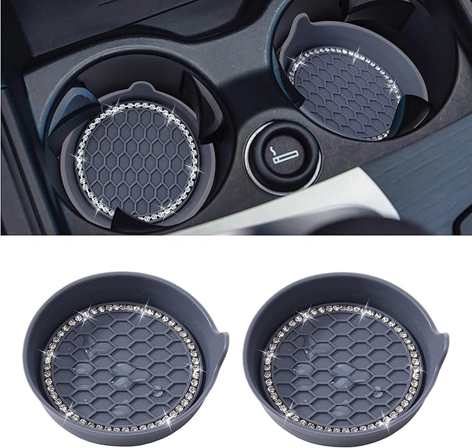Amooca Car Cup Coaster Universal Non-Slip Cup Holders Bling Crystal Rhinestone Car Interior Accessories 2 Pack Grey