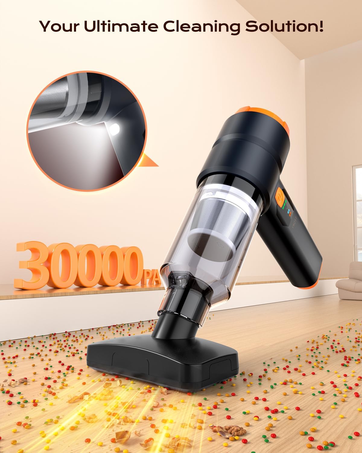 Car Vacuum Portable Cordless, Handheld Vacuum Cordless with 30000PA Suction, 130000RPM, 6800mAh Battery, 10 Nozzles, Rubber Paint Material for Car, Home, Pet Cleaning（Black Orange）