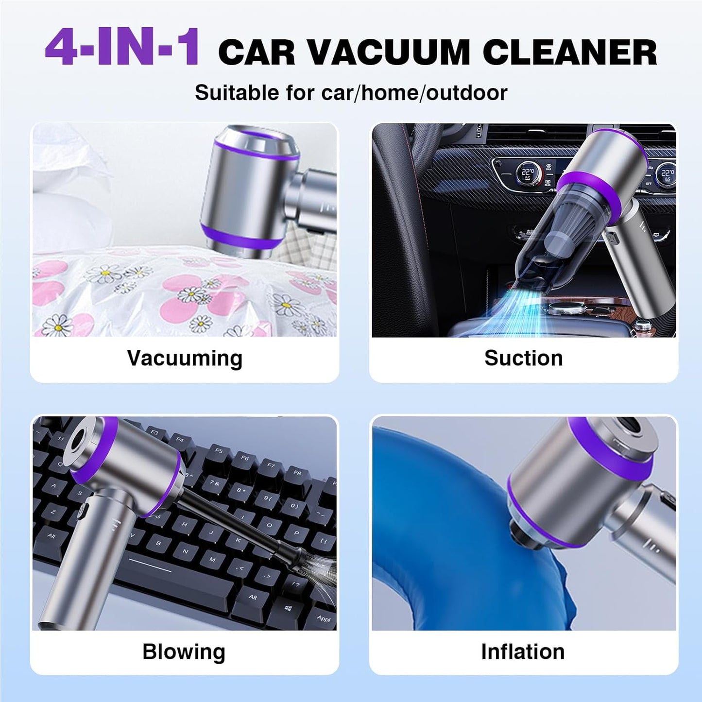 Mini Car Vacuum Cleaner,20000PA 4-in-1 Cordless Handheld Vacuum Cleaner with 6000mAh Battery Brushless Motor Hand Held Vacuum Air Duster & Air Blower & Pump for Car,Office and Home Cleaning