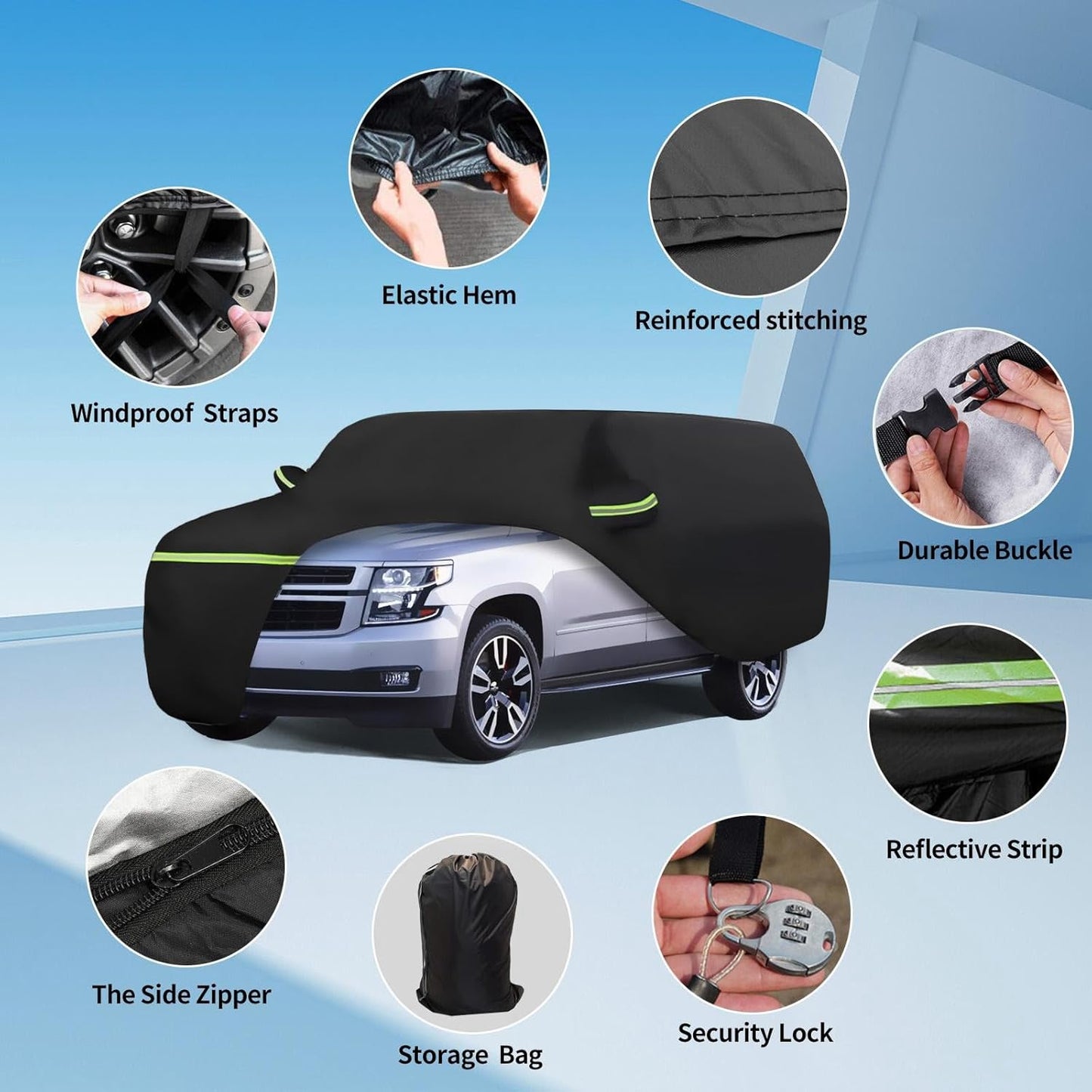 Waterproof Car Covers for 2007-2023 Chevy Suburban/GMC Yukon XL/Cadillac Escalade ESV(Black) 210T Custom 6 Layers Heavy Duty Waterproof All Weather Protection Outdoor