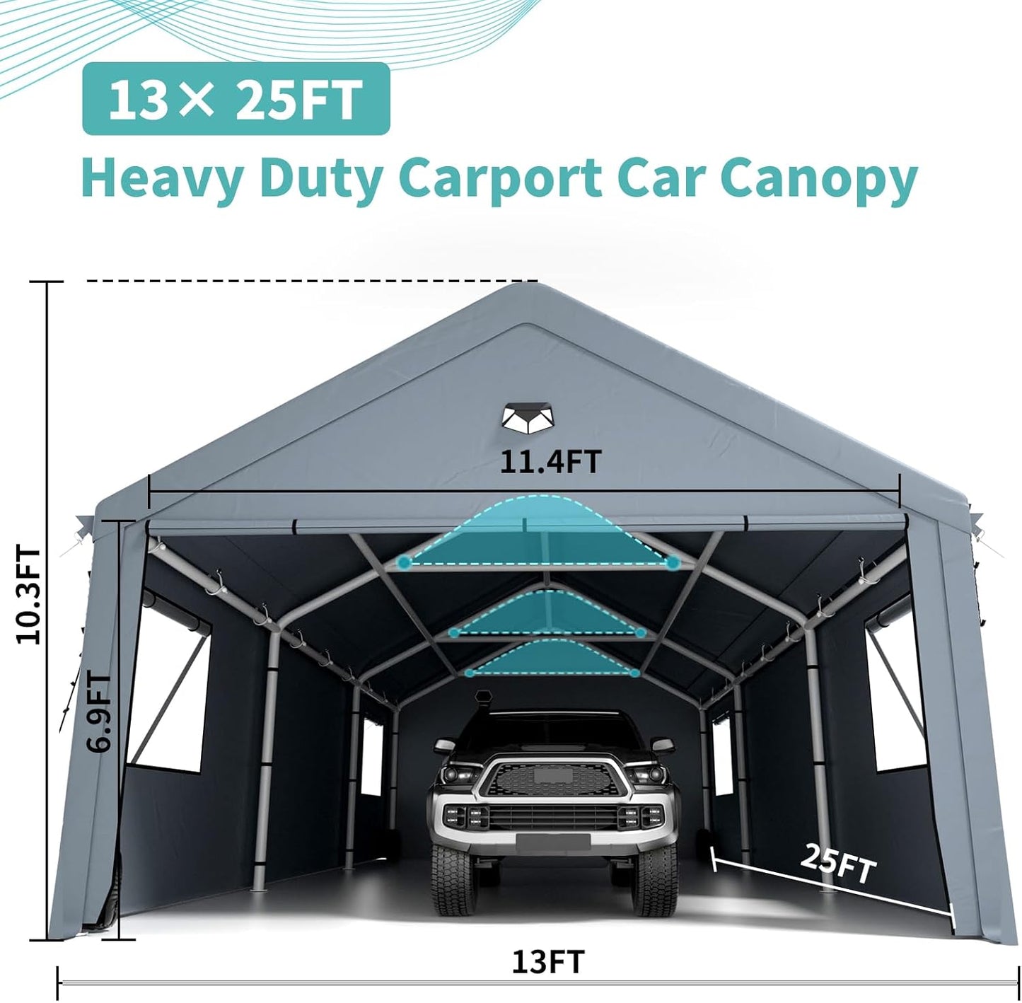 Carports 13X25 Heavy Duty,Car Ports with 180G Removable Side Wall,Portable Car Port Garage,Carport Canopy, Car Shelter All Weather,Grey
