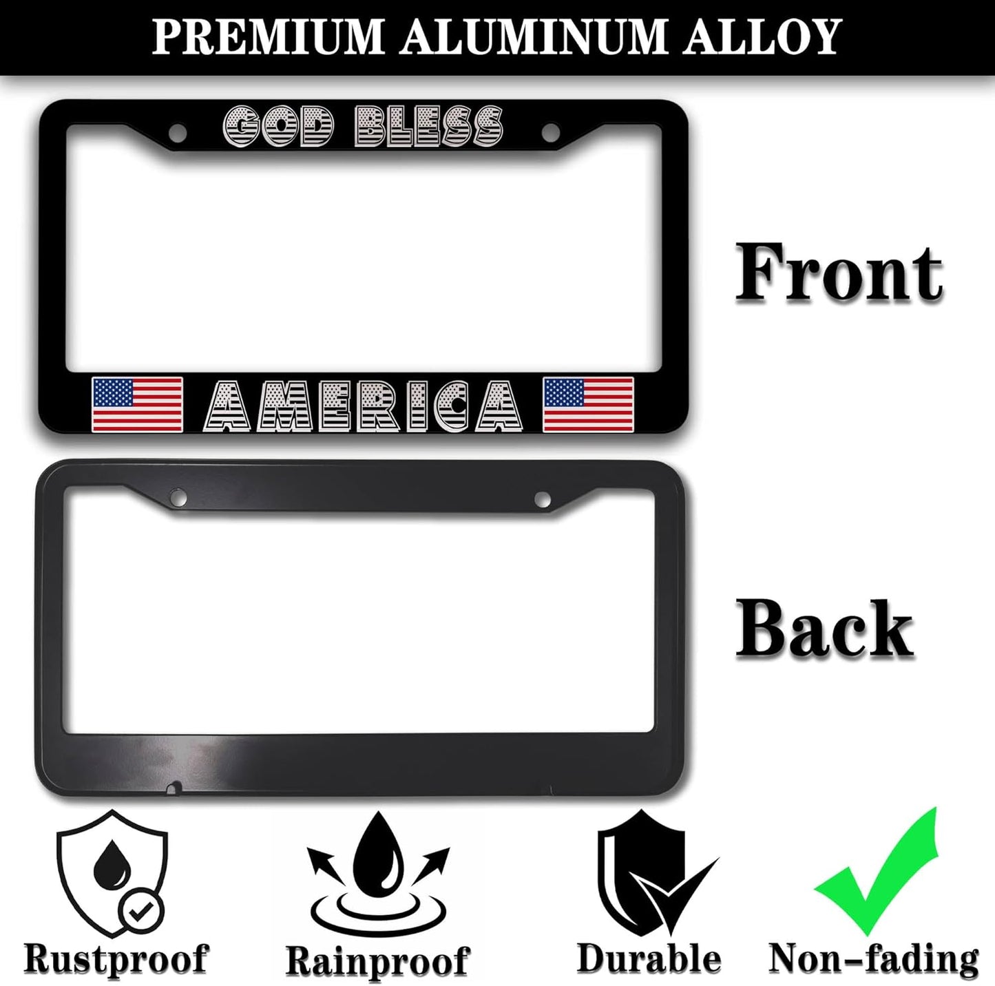 Car Plate Frame for Men Black and White License Plate Frames for Women God Bless America Aluminum Metal Car Accessory 2 Pack with Screw Covers Set