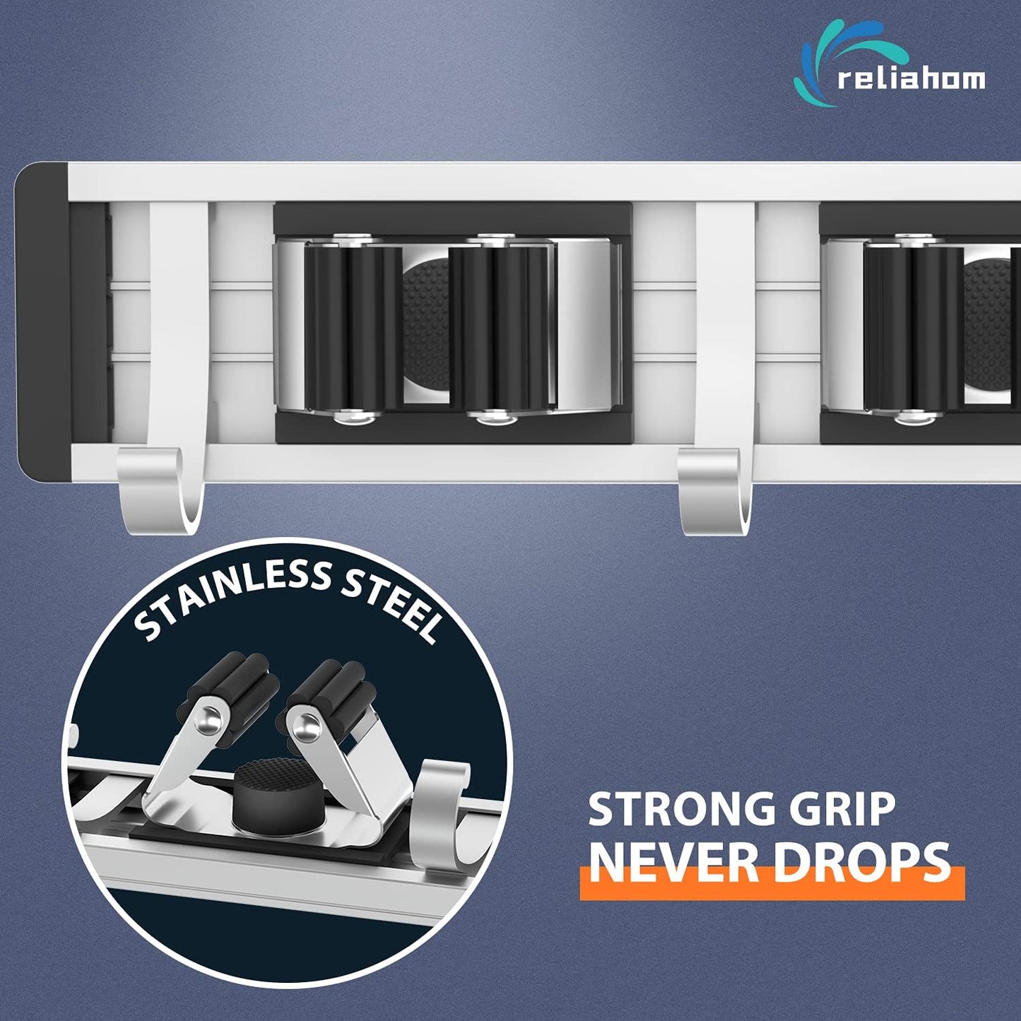 Broom Holder Wall Mount Mop and Broom Hanger Wall Mounted Garage Storage Rack Kitchen Garden Tool Organizer (4 Racks with 5 Hooks, Black)