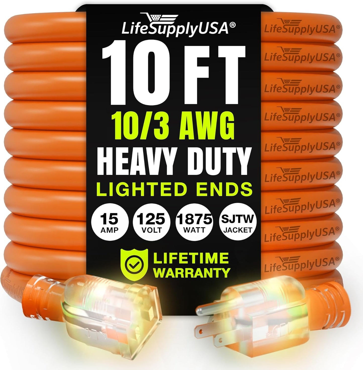 10ft Outdoor/Indoor Extension Cord 10/3 Gauge Ultra Heavy Duty 3 Prong SJTW, Waterproof, Flexible Cold-Resistant Long Power Cord,15A 125V 1875W, Orange by LifeSupplyUSA