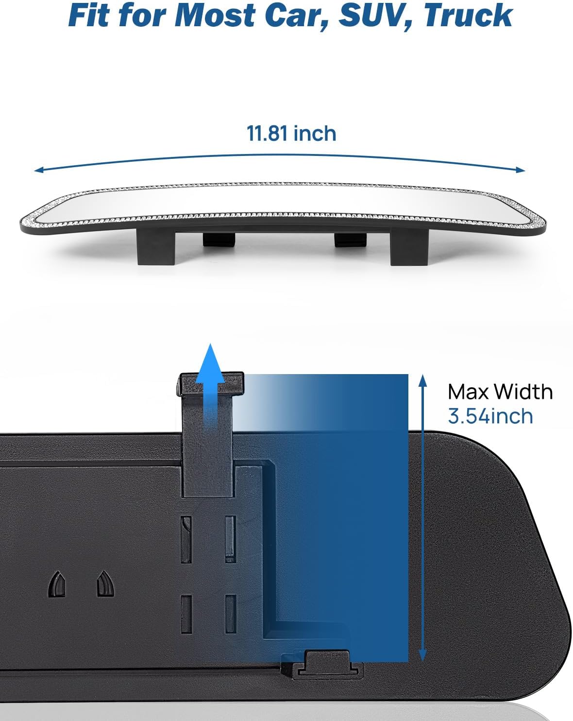 JOYTUTUS Rearvie Mirror, 12 Inch Panoramic Interior Clip-on Wide Angle Convex Rear View Mirror with Bling Rhinestones Diamonds Edge, Effectively to Reduce Blind Spot, Universal for SUV Trucks -White