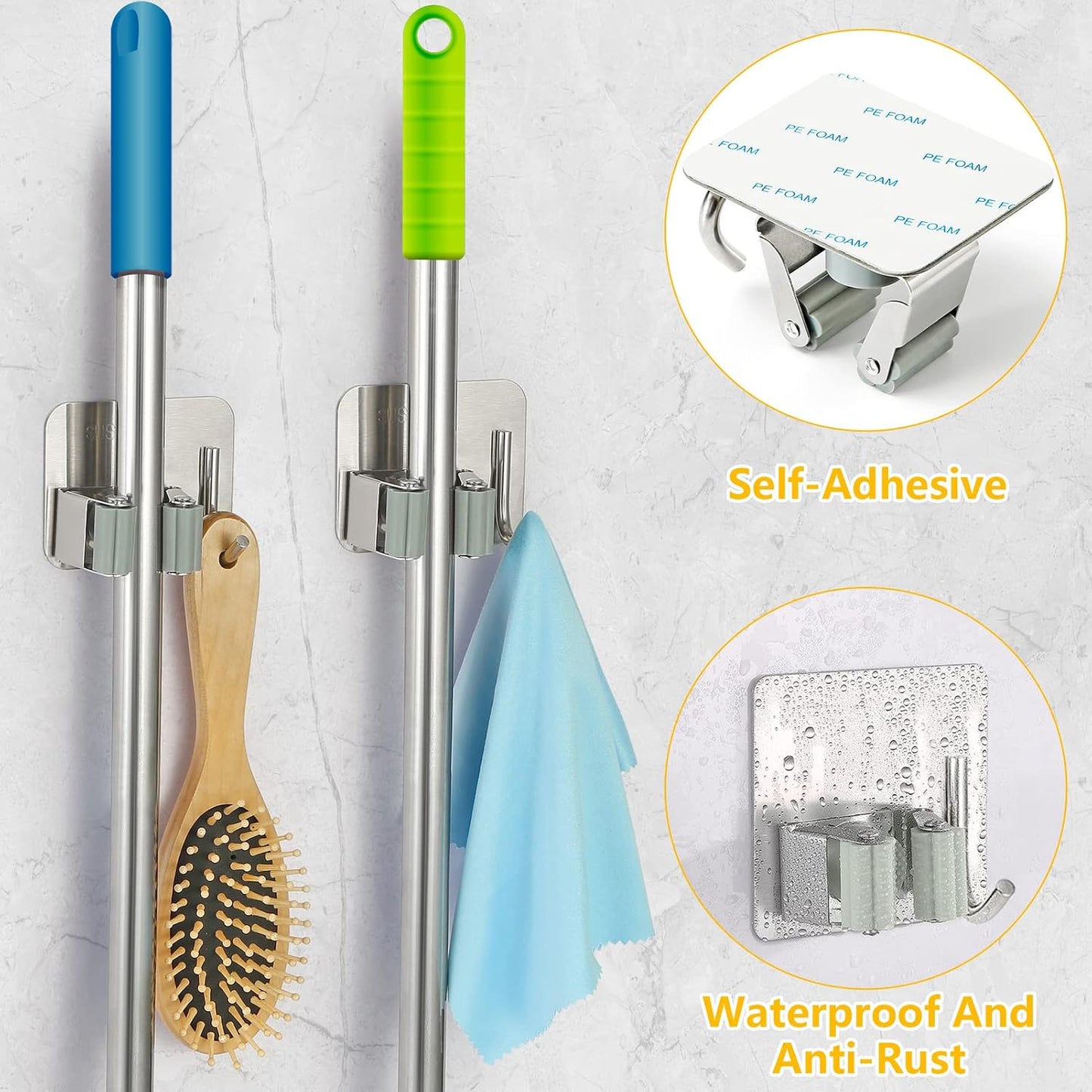 Stainless Steel Broom Holder, Self-Adhesive, 4 Gripper Positions, 4 Hooks, Light and Durable, Easy Installation, Ideal for Organizing Household Items