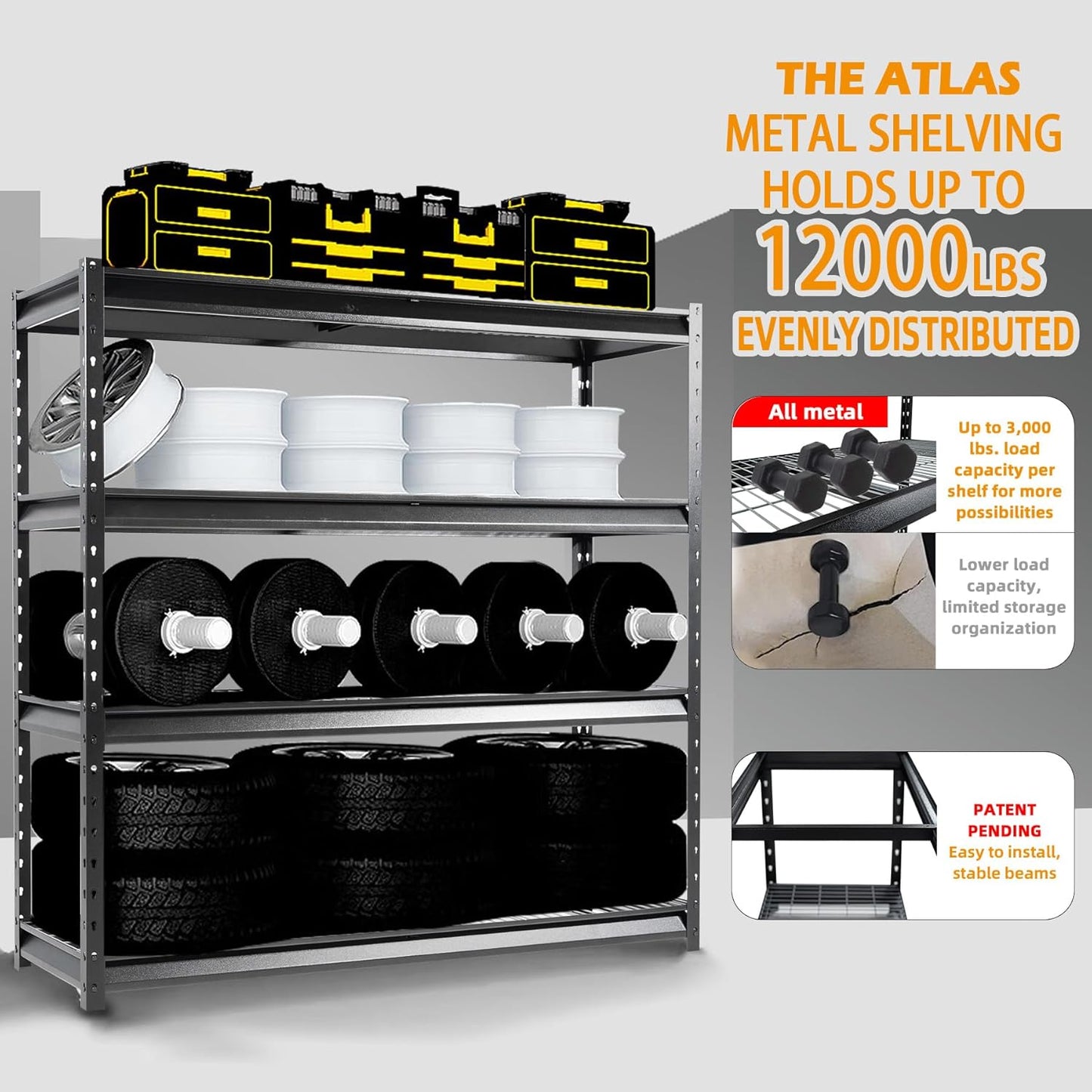 The Atlas 72" W Metal Garage Shelving Unit Load 12000 Lbs, 4 Tier Heavy Duty Storage Rack, Adjustable Industrial Shelves for Warehouse Shop Basement, 72" W x 24" D x 72" H, Black