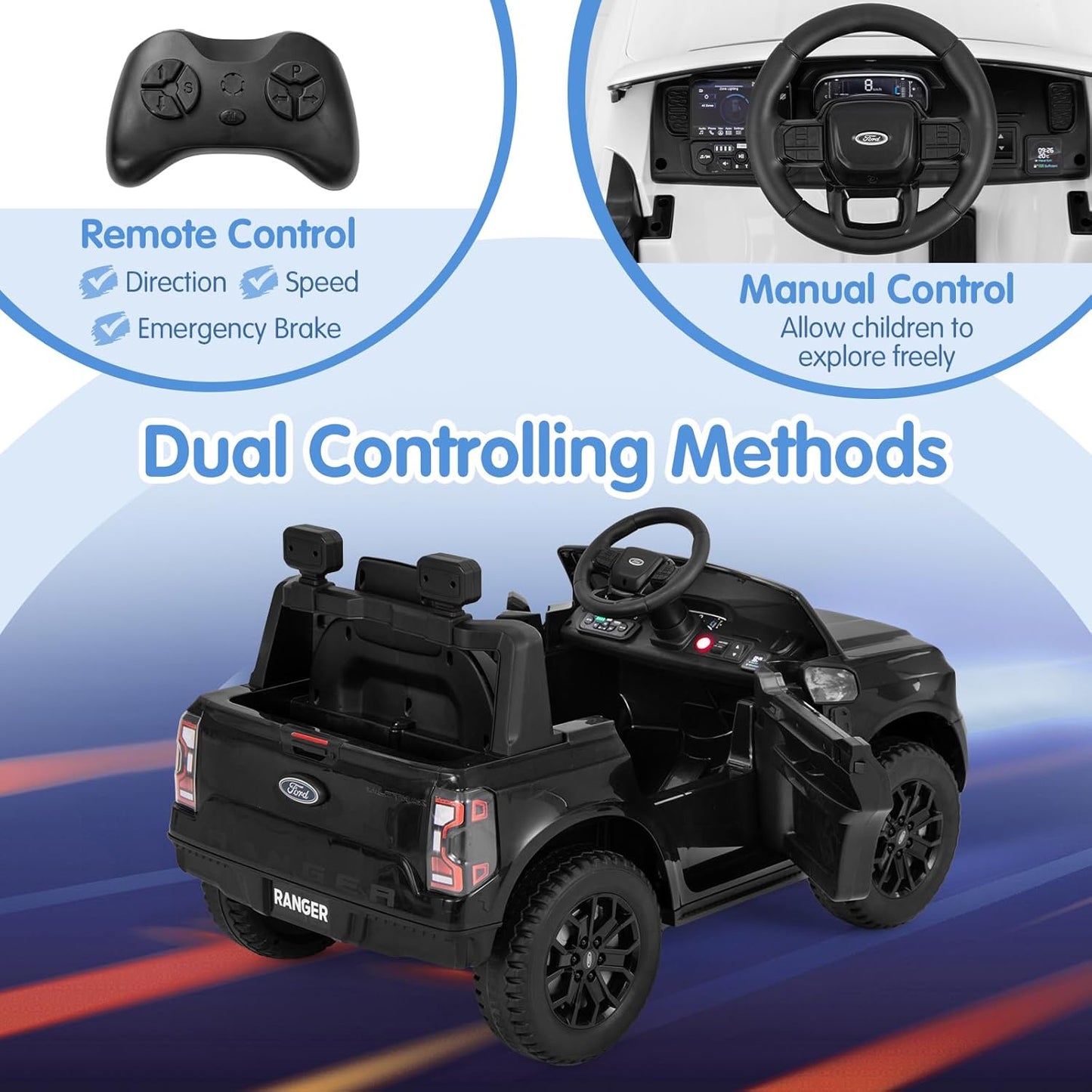 HONEY JOY Ride On Car, 12V Licensed Ford Ranger Electric Vehicle for Kids, Spring Suspension, Music & 3 Speeds, Horn, LED Lights, Battery Powered Ride On Toy with Remote Control(Black)