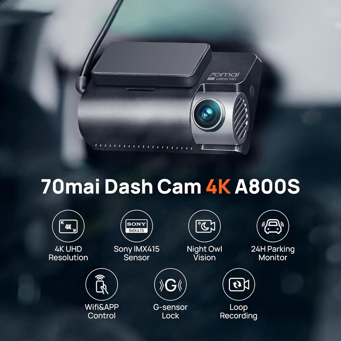 70mai 4K Dash Cam Front and Rear with STARVIS, Built in 5GHz WiFi & GPS Car Camera, Super Night Vision, ADAS, 3'' IPS Screen, 24H Parking Mode, Time-Lapse, Loop Recording, with 128GB Card (A800S)