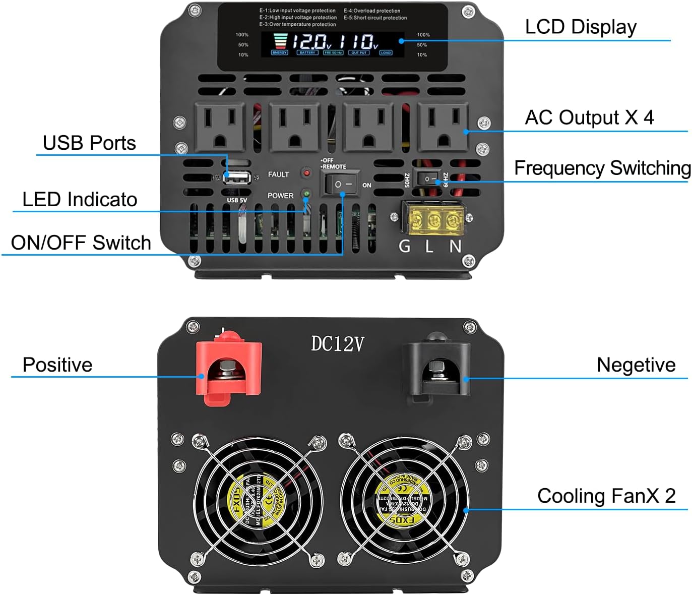 LVYUAN 5000 Watt Power Inverter 12V to 110V 120V for Vehicle, Solar Inverter System, Heavy Duty, RV, Truck, Off Grid,Camping with 4 AC Outlets, LCD Display, Wireless Remote Control, Car Power Inverter