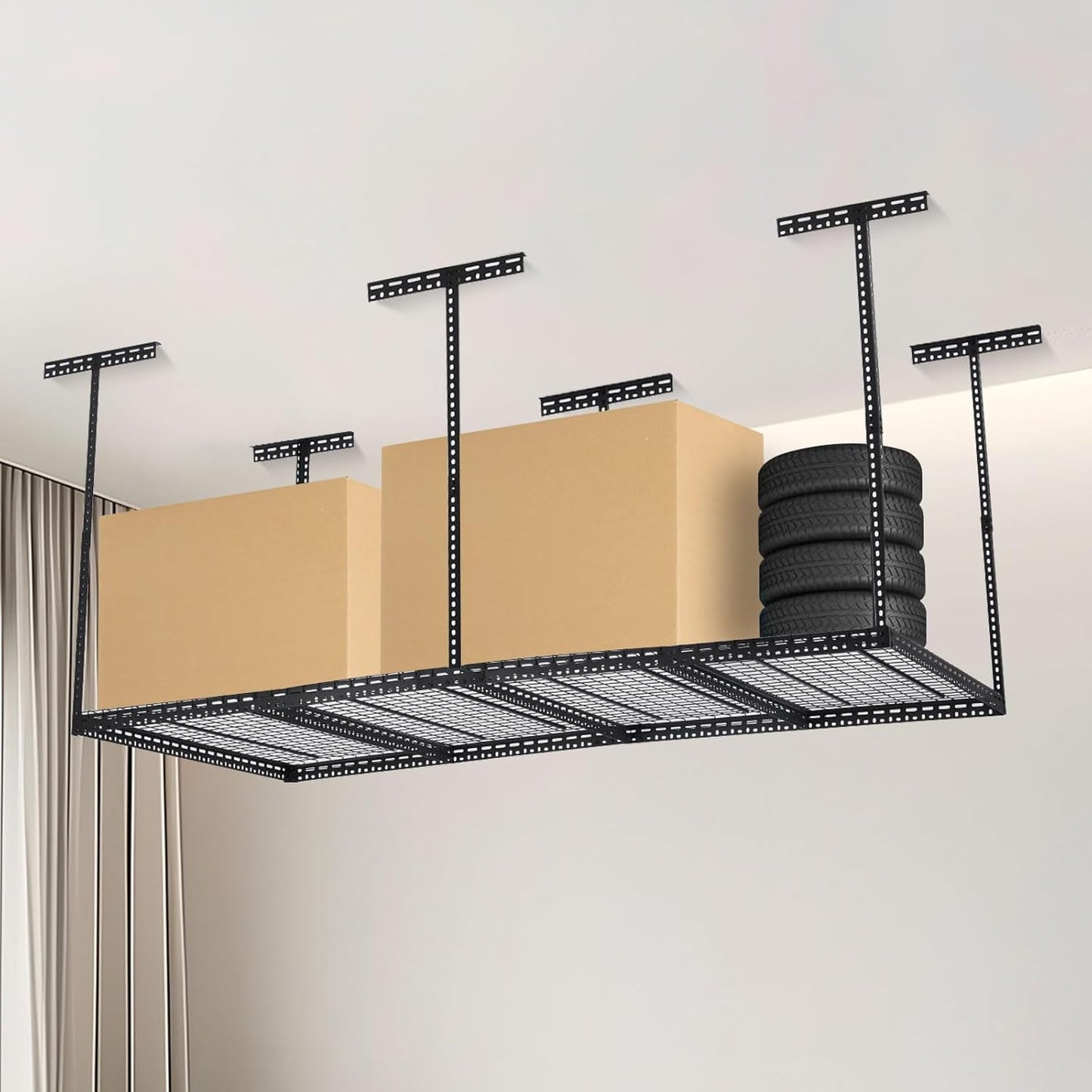 Overhead Garage Storage Rack 4x8 FT, Steel Ceiling Shelves 660lb Capacity, Height Adjustable 22-40 Inches, Space-Saving for Attic Basement Shed (Black, 6 Posts)