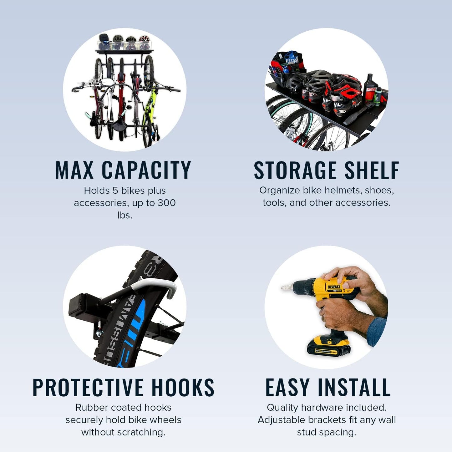 StoreYourBoard Bike Storage Rack with Shelf – Heavy Duty Garage Bike Storage Rack for 5 Bicycles, Adjustable Vertical Bike Rack, Bike Rack Shelf for Helmets & Gear, Holds 300 lbs