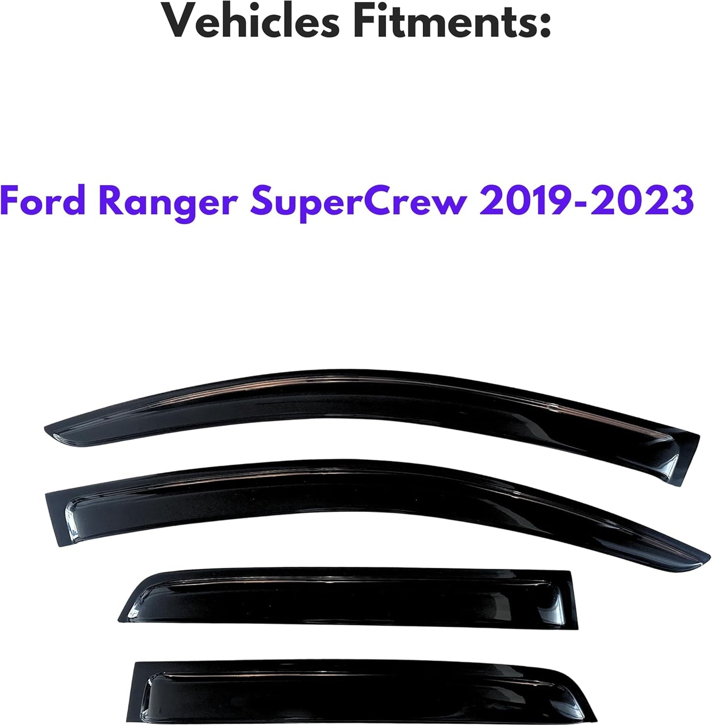 KPY Window Visor Compatible with Ford Ranger SuperCrew 2019-2024, 4PC Rain Guard Side Window Vent Deflectors Tape-On Style, 2019 2020 2021 2022 2023 2024