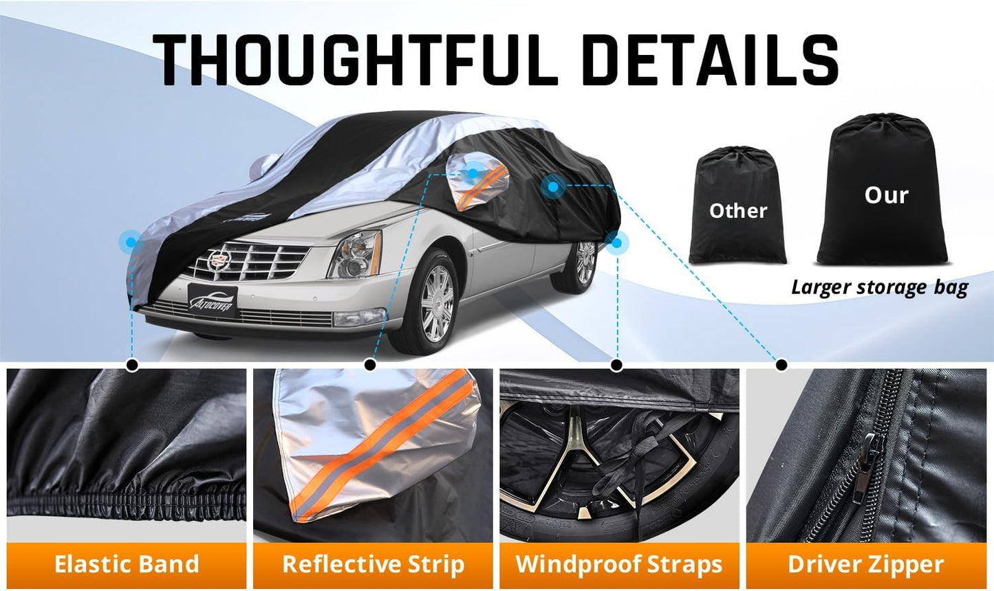 Car Cover Waterproof All Weather with Silver Strip Design, Custom Fit for DTS(2006–2011), XTS(2013-2019), CT6(2016-2020), DTS Accessory with Door Zipper & Windproof Straps