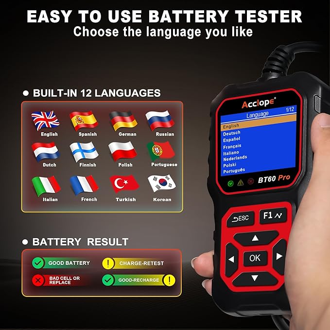 BT60 Pro Car Battery Tester with Cloud Printing,100-3000 CCA, Digital Analyzer for 6V/12V/24V Batteries, AGM Lithium Gel Battery Checker, Automotive Alternator System