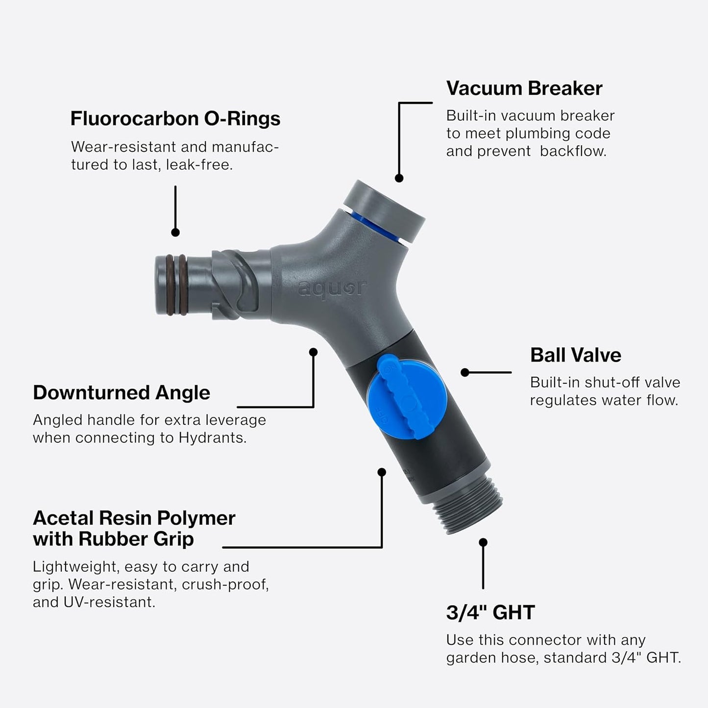 Aquor Comfort Grip VB Hose Connector – Garden Hose Connector with Built-In Vacuum Breaker & Ball Valve, Backflow Prevention, Ergonomic Non-Slip Grip – Slate Gray, Compatible with Aquor Hydrants
